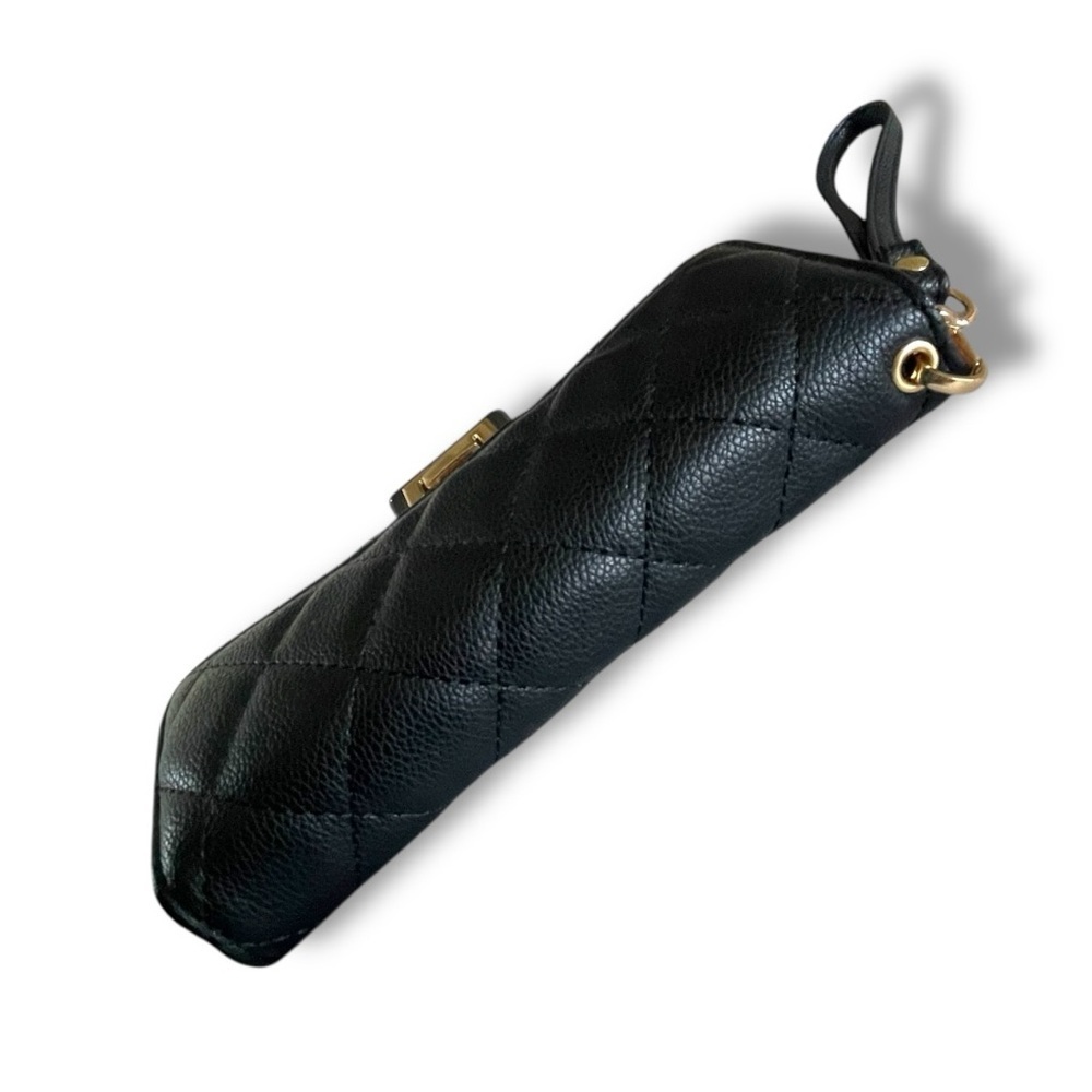 Black Quilted Wristlet Wallet Clutch Gold Turn Lock Faux Leather Large Organizer - Picture 3 of 7